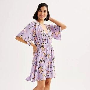 NWT! Short Sleeve Floral Lavendar Faux Wrap popover Skater Dress